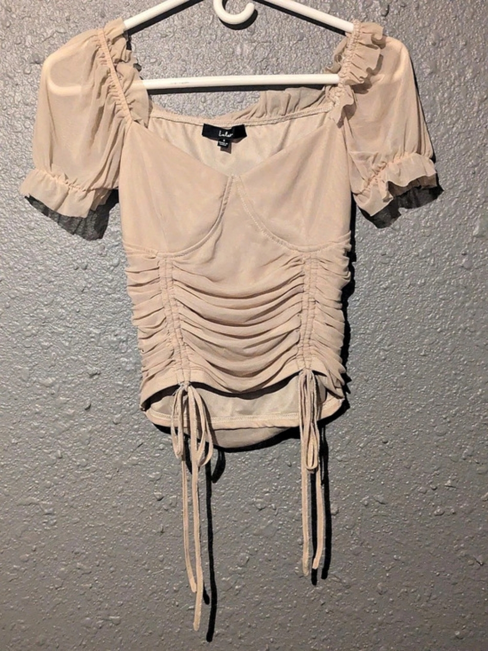 Lulus Start the Trend Beige Mesh Ruched Short Sleeve Top